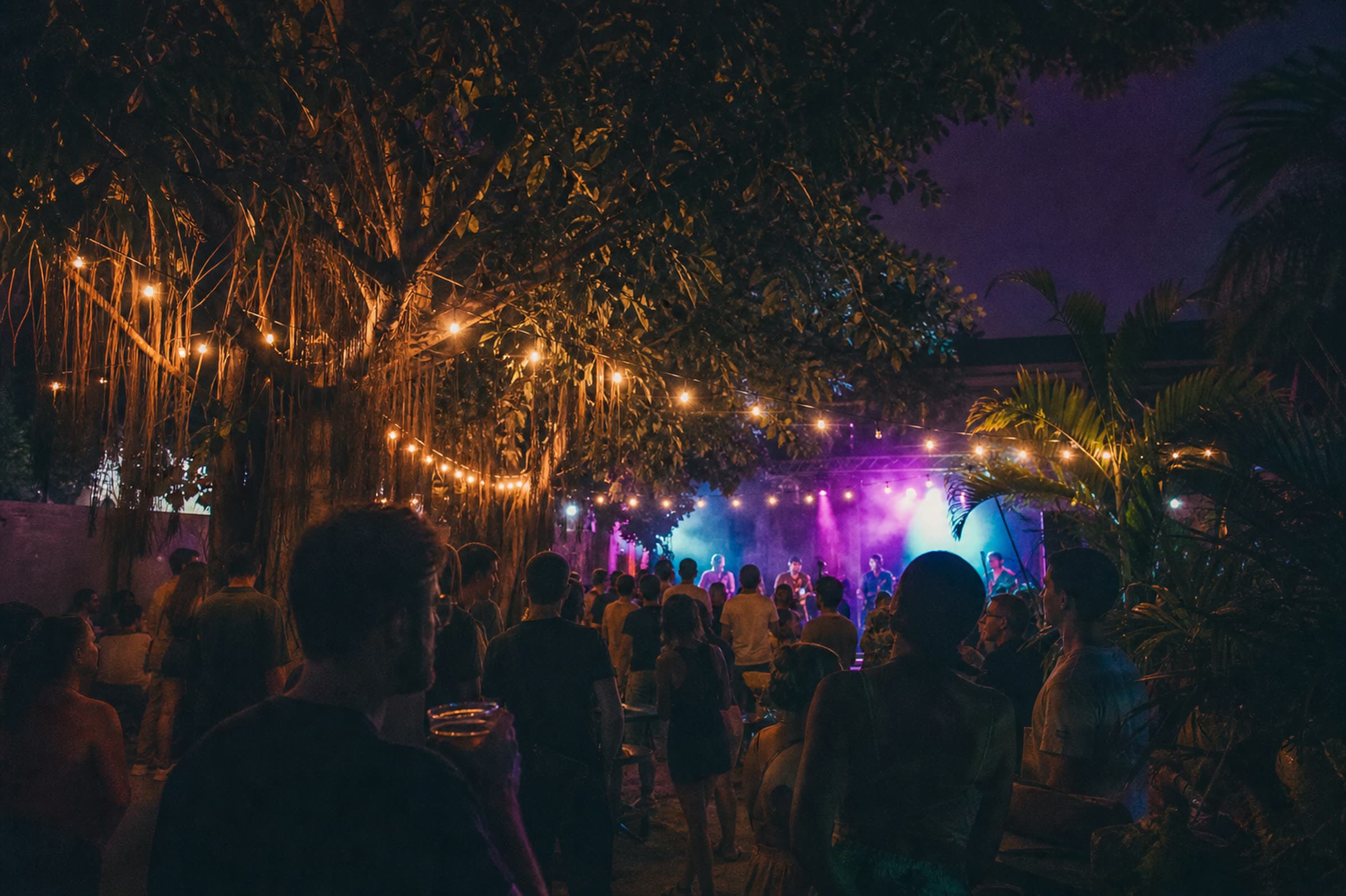 An open-air Miami venue at night — string lights, a crowd settling in under the trees