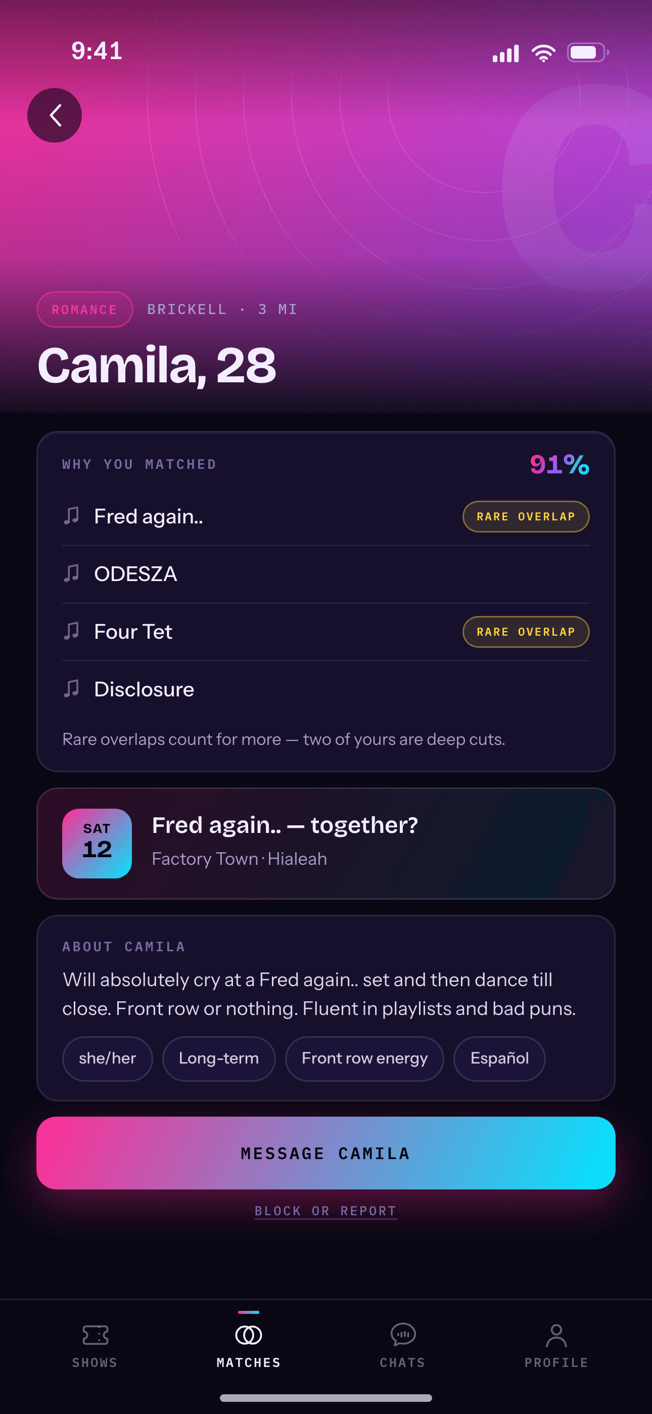 A Mixtape match screen — shared artists, rare overlaps, and the show you could both be at